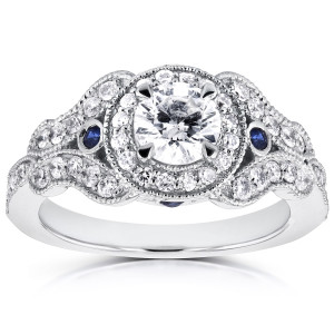 Vintage-style Yaffie 7/8ct White Gold Ring with Diamond & Sapphire Accents