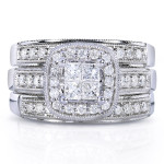 White Gold Princess Diamond 3-Ring Wedding Set with Miligrain and 7/8ct TDW Quad Design by Yaffie.