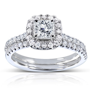 Princess and Round-Cut Diamond Halo Bridal Set in White Gold by Yaffie, 7/8ct TDW