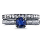 Vintage Bridal Set Featuring Round Sapphire and Diamond with 7/8ct TGW in Yaffie White Gold.