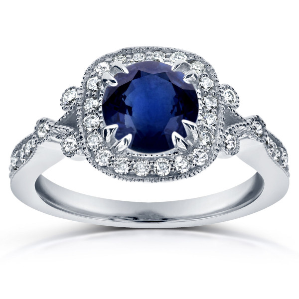 Artistic White Gold Halo Ring with Sapphire and Diamonds (6.5 MM & 2/5 CT) in Antique Deco Style by Yaffie.