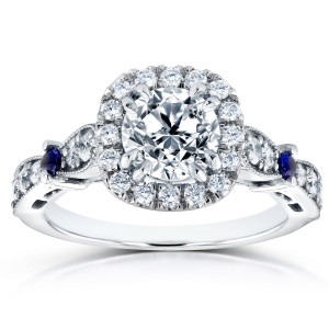 Antique Halo Engagement Ring with Blue Sapphire and 1.5ct TDW Diamonds in White Gold by Yaffie.