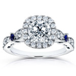 Antique Halo Engagement Ring with Blue Sapphire and 1.5ct TDW Diamonds in White Gold by Yaffie.