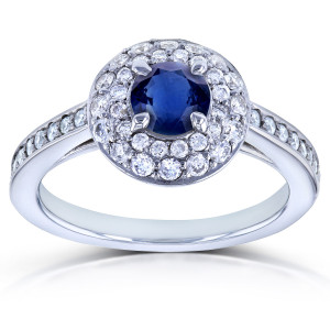 Elegant Blue Sapphire & Diamond Double Halo Engagement Ring with a White Gold Dome