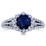 Whimsical Starry Halo Ring with Blue Sapphire & 1/3ct TDW Diamonds in White Gold by Yaffie