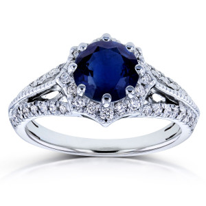 Whimsical Starry Halo Ring with Blue Sapphire & 1/3ct TDW Diamonds in White Gold by Yaffie