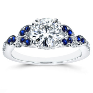 Antiquated Engagement Ring with 1ct TDW Diamond and Blue Sapphire in White Gold by Yaffie