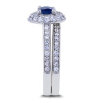 Double Halo Blue Sapphire & Diamond Bridal Ring Set in White Gold (3pc)