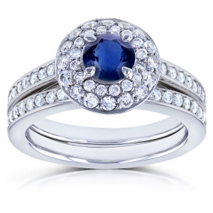 Double Halo Blue Sapphire & Diamond Bridal Ring Set in White Gold (3pc)