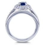 Sparkling Blue Sapphire and Diamond Dome Double Halo Bridal Rings Set in White Gold, 3pc.