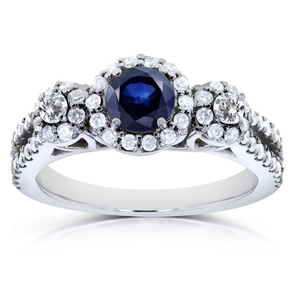 Three Stone Blue Sapphire and Diamond Ring in Yaffie White Gold (3/5ct TDW)