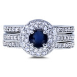 Blue Sapphire & Diamond 3-Piece Bridal Ring Set with Double Halo & 4/5ct TDW, in Yaffie White Gold Domed Style.