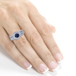 Blue Sapphire & Diamond 3-Piece Bridal Ring Set with Double Halo & 4/5ct TDW, in Yaffie White Gold Domed Style.