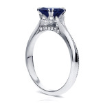 Antique-Inspired White Gold Knife Edge Ring with Blue Sapphire and Diamond Floral Accent by Yaffie.
