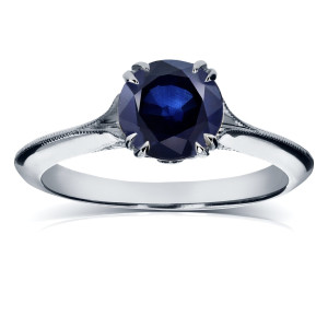 Antique-Inspired White Gold Knife Edge Ring with Blue Sapphire and Diamond Floral Accent by Yaffie.