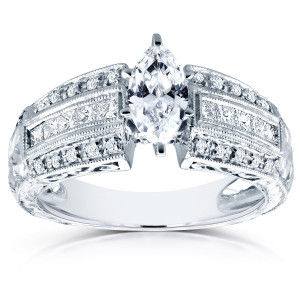 Antique Marquise Diamond Engagement Ring - Yaffie White Gold, 1 3/5ct TDW with Delicate Milgrain Detailing