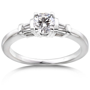 Eco-Friendly 3-Stone Lab Grown Round and Baguette Ring by Yaffie in White Gold, 3/4ct TDW
