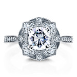 Eternally Chic: Yaffie Forever One Moissanite & Diamond Floral Antique Cushion in White Gold.