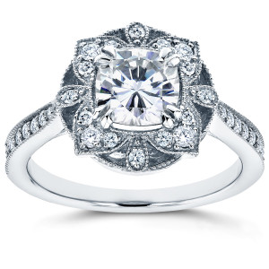 Eternally Chic: Yaffie Forever One Moissanite & Diamond Floral Antique Cushion in White Gold.