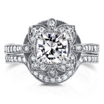 Moissanite and Diamond Floral Antique Cushion Set in White Gold by Yaffie, Half Carat Total Weight.