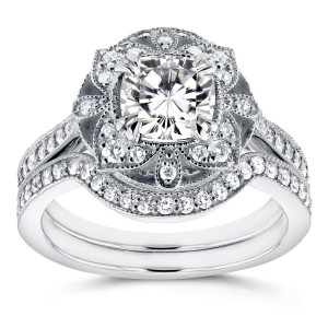 Moissanite and Diamond Floral Antique Cushion Set in White Gold by Yaffie, Half Carat Total Weight.