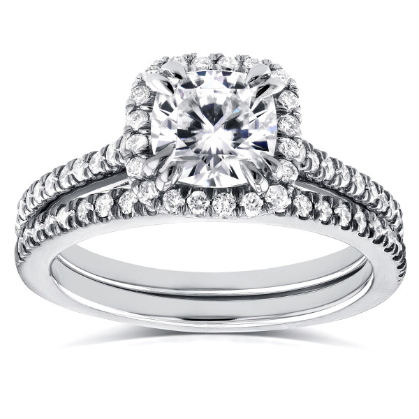 Sparkling Yaffie Bridal Set with Moissanite Cushion and Diamond Halo in White Gold