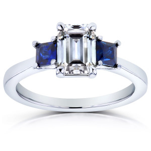 Blue Sapphire and Diamond Three Stone Engagement Ring in White Gold by Yaffie