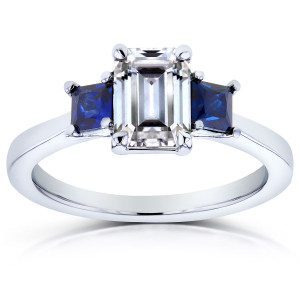 White Gold Three Stone Engagement Ring with Emerald Cut Moissanite & Blue Sapphire, Sparkling Diamond Accents