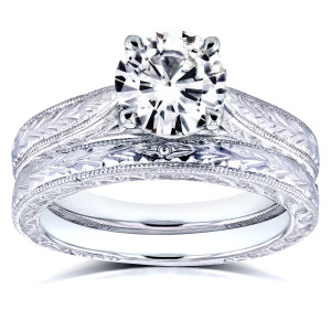Forever Brilliant Antique Bridal Set: Yaffie White Gold 1 1/2ct TGW Moissanite and Diamond Cathedral Rings.