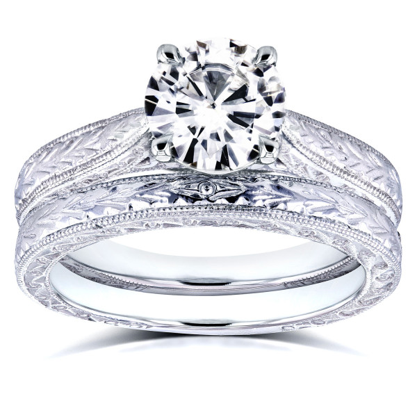 Yaffie Antique Cathedral Bridal Ring Set with 1 1/2ct TGW Moissanite & Diamonds in White Gold, Forever One.