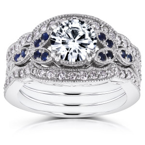 Eternally Beautiful: Yaffie Vintage Floral 3-P with Blue Sapphire, White Gold Forever One Moissanite, and 1/2ct TDW Diamonds.