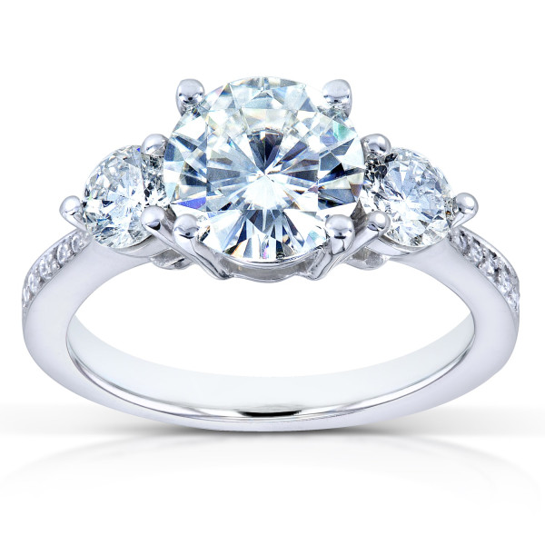 White Gold Engagement Ring with Forever One Moissanite and 3/5ct TDW Diamond Three Stones by Yaffie