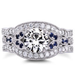 Vintage Floral 3-Piece Bridal Set with Blue Sapphire, 1/2ct TDW Diamond, and Yaffie White Gold Moissanite