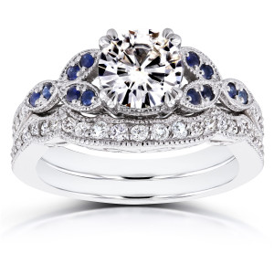 Vintage Floral Bridal Set with Yaffie Moissanite, Blue Sapphire, and 1/4ct TDW Diamonds in White Gold