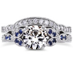 Vintage Floral Bridal Set with Yaffie Moissanite, Blue Sapphire, and 1/4ct TDW Diamonds in White Gold