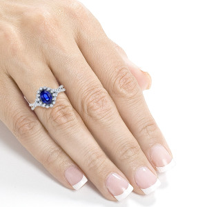 Vintage Blue Sapphire and Diamond Oval Ring in White Gold by Yaffie