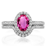 Pink Sapphire & Diamond Halo Bridal Ring Set - Yaffie White Gold 2 Piece