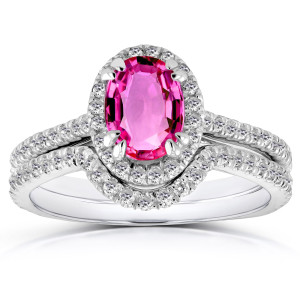 Pink Sapphire & Diamond Halo Bridal Ring Set - Yaffie White Gold 2 Piece