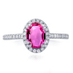 Pink Sapphire Oval White Gold Ring with Diamond Halo - 1/3ct TDW