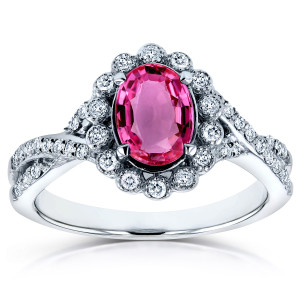Vintage Crossover Ring with Oval Pink Sapphire and Diamond Accents in White Gold by Yaffie