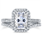 Forever Brilliant Moissanite Radiantly Shines with 2/5ct TDW Halo Diamonds on Yaffie White Gold