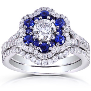 Floral Diamond Bridal Set with Blue Sapphire and 1.1ct TDW in Yaffie White Gold.