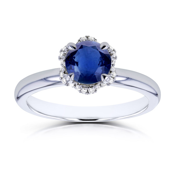 Floral Blue Sapphire & Diamond Halo Engagement Ring in White Gold with Wavy Details - Yaffie