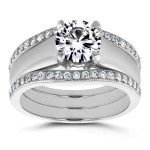 Yaffie 3-Piece Set: Round Cut Moissanite Solitaire & 1/3ct TDW Diamond Bands in White Gold