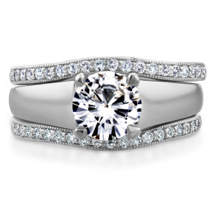 Yaffie 3-Piece Set: Round Cut Moissanite Solitaire & 1/3ct TDW Diamond Bands in White Gold