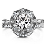Floral Antique Bridal Set with White Gold Moissanite and Diamond Accent by Yaffie