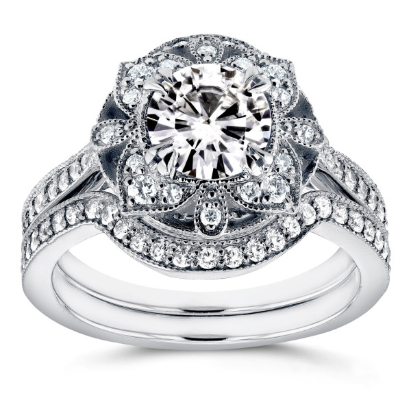 Floral Antique Bridal Set with Yaffie Round Moissanite and Diamond Accents in White Gold