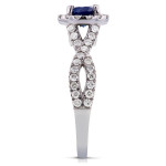 Criss Cross White Gold Ring with Round Sapphire & Sparkling Halos