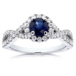 Criss Cross White Gold Ring with Round Sapphire & Sparkling Halos
