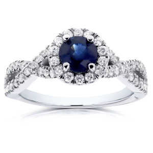 Sapphire and Diamond Halo Criss Cross Ring in White Gold by Yaffie - 1/2ct Total Diamond Weight.